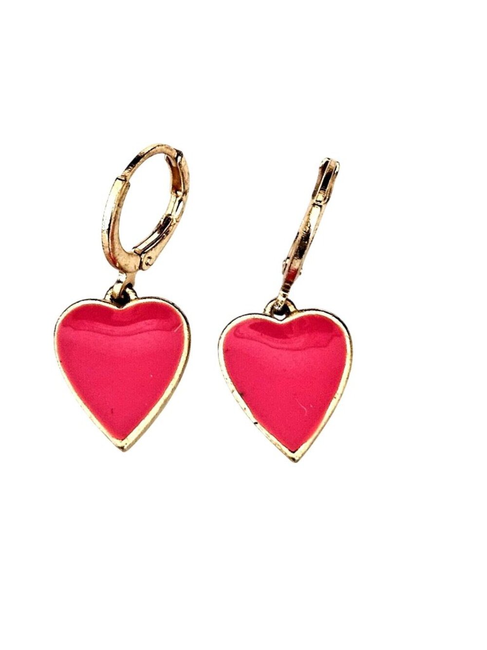Gold Tone Pink Enamel Heart Shape Small Hoop Dangle Drop Earrings